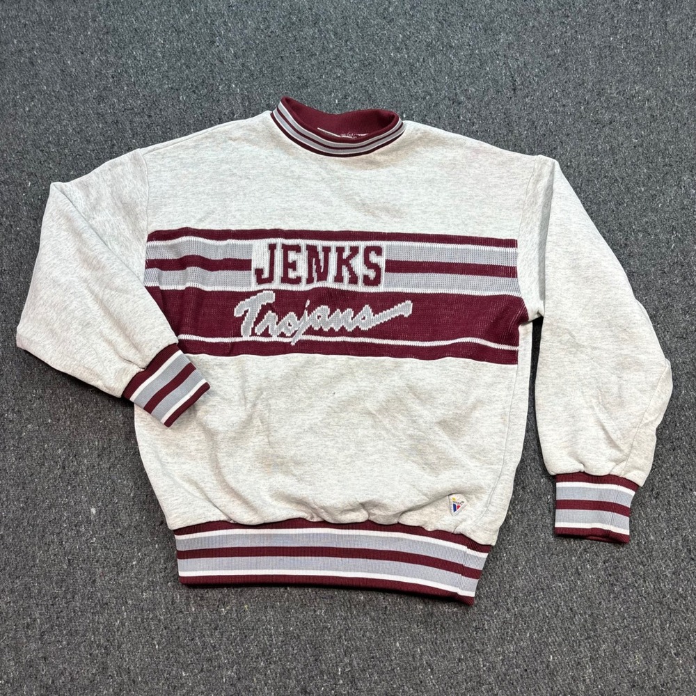 Varsity Jenks Trojans Sweatshirt Sz S Mens Gray Skater Knit Graphic Made in USA